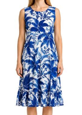 Talbots Dress 16 Blue White Tropical Palm Print Sleeveless Cotton Ruffle Hem NWT
